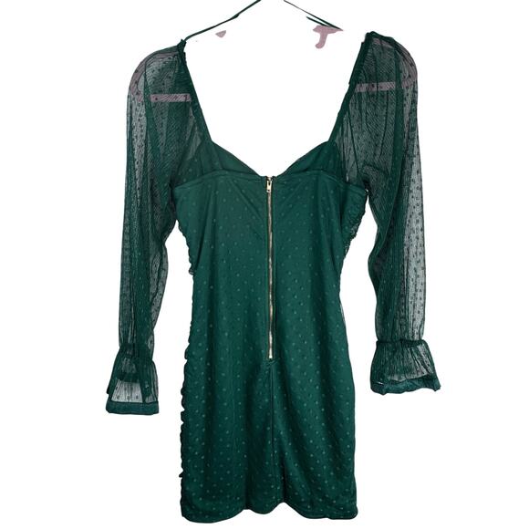 Haute Mondae Emerald Green Long Sleeve Polka Dot Ruched Lace Mesh Mini Dress Sma - Picture 3 of 5